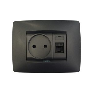 Gewiss GW12246 2M torpaqlı elektrik yuvası + GW12421 internet elektrik yuvası cat5utp mat qara rəng