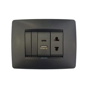 Gewiss GW12021 0,5M elektrik açarı + GW12449 USB&type C + GW12287 1M elektrik yuvası mat qara rəng