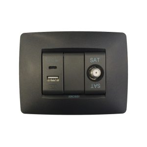 Gewiss GW12449 USB&type C + GW12195 boşluq qapaq + GW12371 tv elektrik yuvası mat qara rəng
