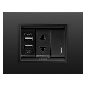 Gewiss GW12447 USB elektrik yuvası qara, GW12287 1M elektrik yuvası qara, GW12002 1M işıqlı elektrik açarı metal çərçivə monoxrom